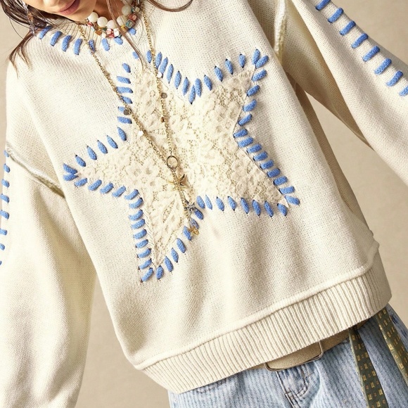 Cozy Contrast Detail Floral lace Star Oversized Sweater Top - Picture 4 of 6